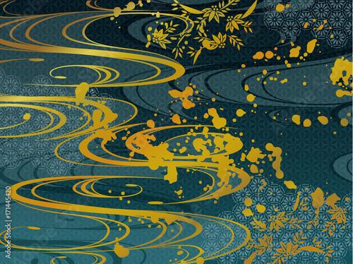 Window Murals 青と金の和柄背景素材